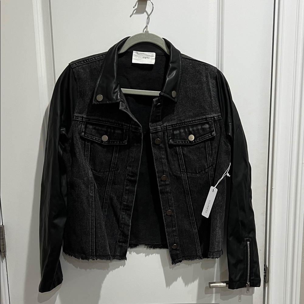 Classic Black Denim Jacket with Leather Sleeves
